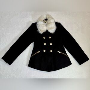 Girl's Jessica Simpson Black Jacket Button Down Peacoat And Fur Collar Size 7-8